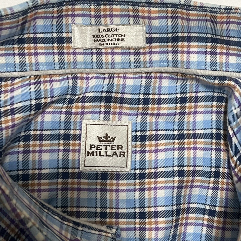 Peter Millar Men Large Cotton Plaid Button Down Long Sleeve Shirt